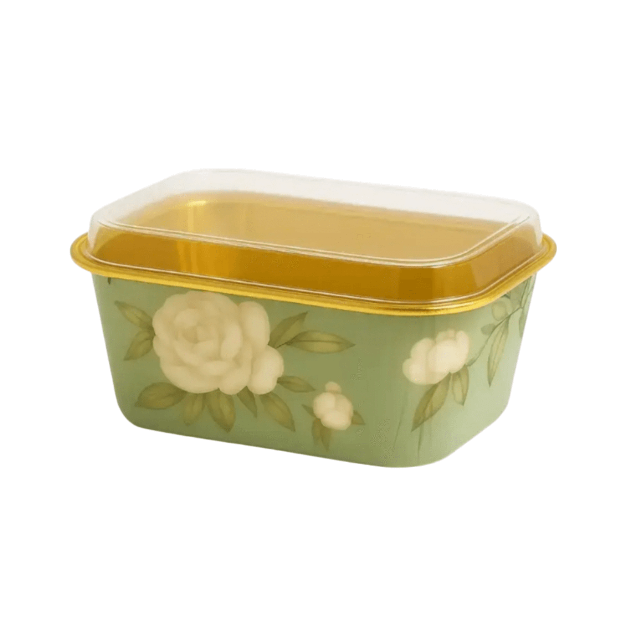 Green floral foil cake container with clear plastic lid, featuring elegant rose print design and gold rim – ideal for cake packaging, dessert trays, bakery gifting, or takeaway pastry boxes