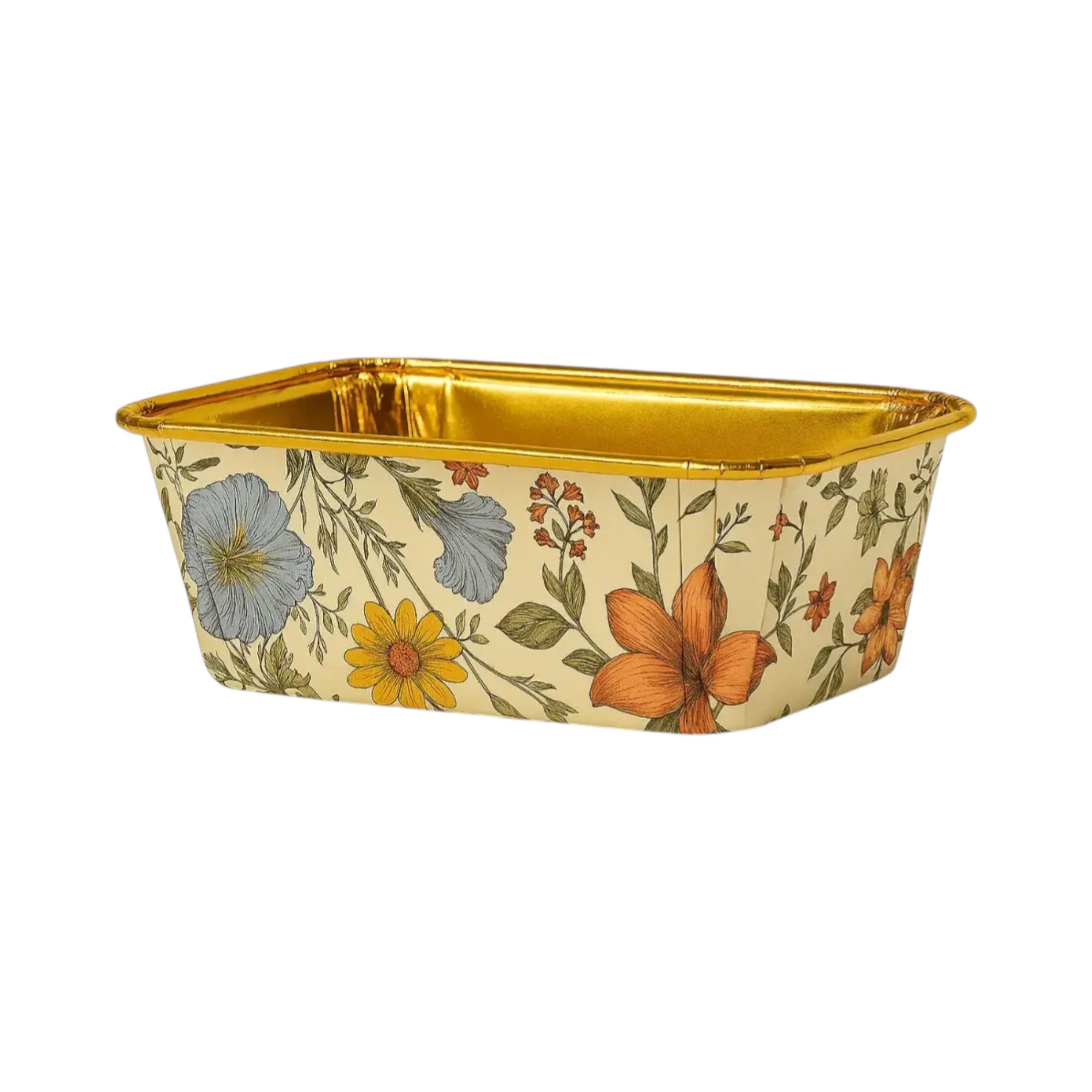 Elegant gold-lined foil cake tray with soft yellow background and multicolor garden flower pattern – perfect for oven-safe dessert packaging, cake slices, pastries, or food gifting