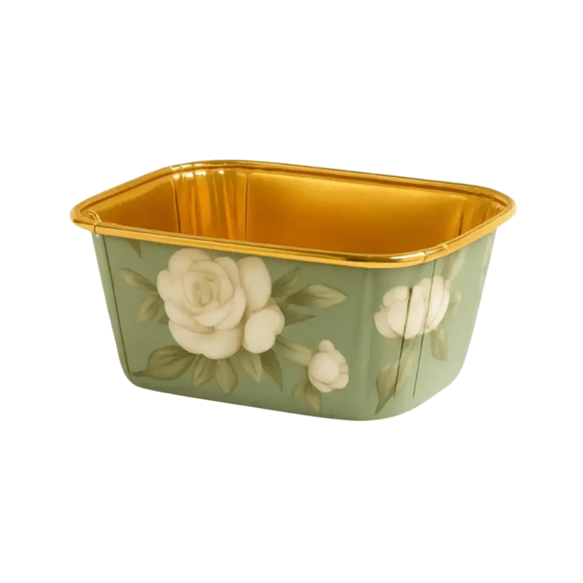 Disposable rectangular foil cake tray with green rose floral design and gold interior lining – perfect for oven-safe dessert packaging, brownies, pastries, and celebration cake servings