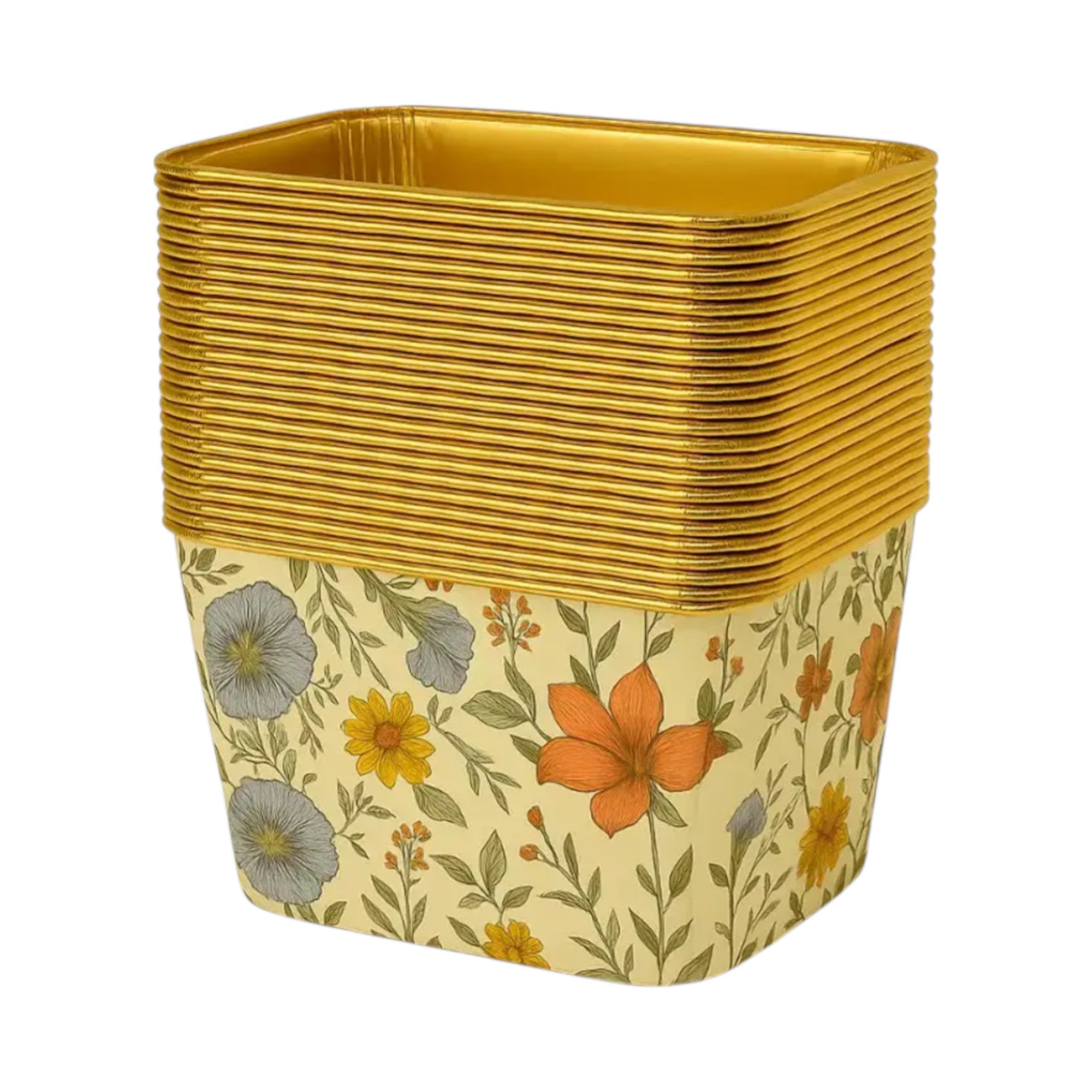 Bulk pack of pastel floral foil cake containers stacked inside each other, showcasing vibrant botanical pattern with golden inner lining – suitable for commercial baking, home bakers, or premium dessert packaging