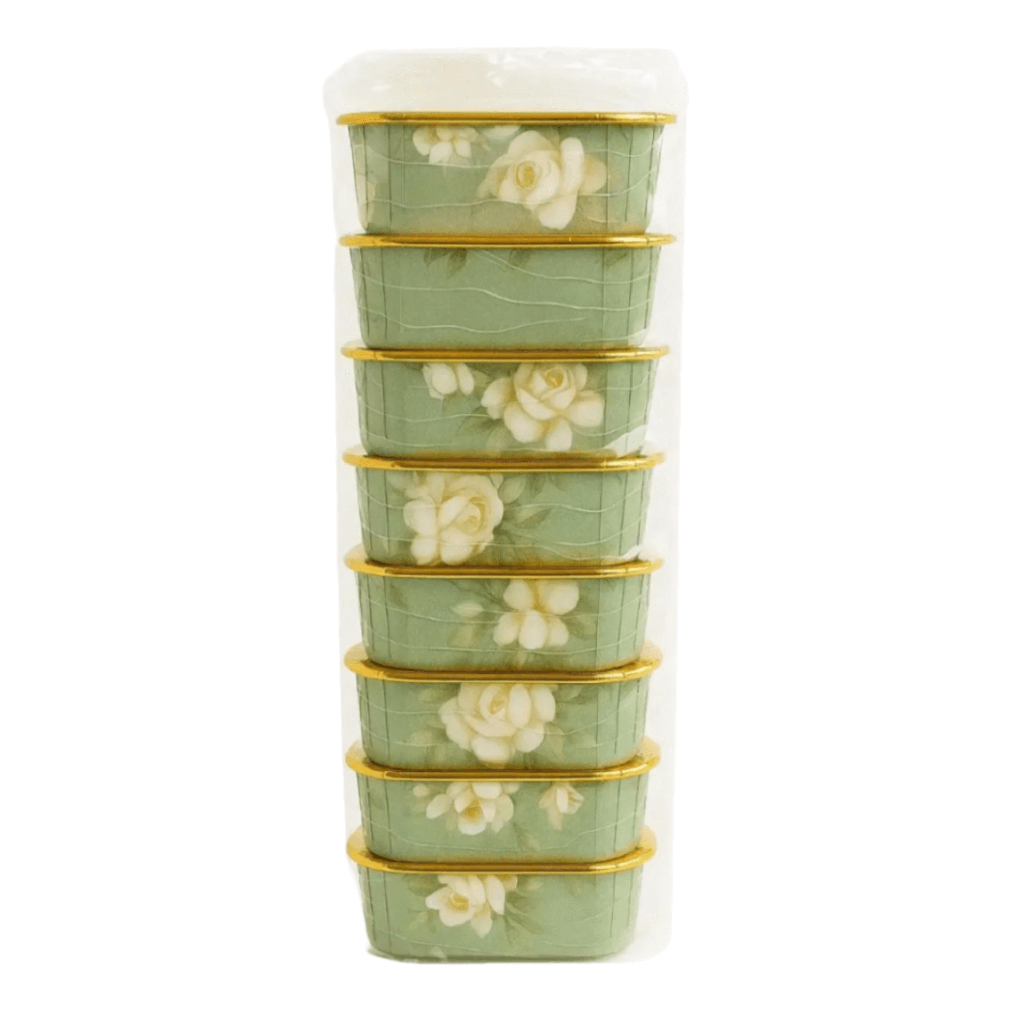 Pack of 10 foil cake containers stacked vertically in sealed packaging, showcasing elegant green rose floral print and gold rim edges – bakery-friendly disposable trays for cake, sweets, and event dessert packaging