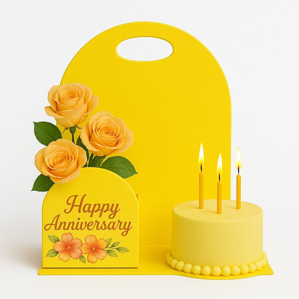Zoomed-in view of Foldable Hamper Cake Stand holding cake and flowers in display setup