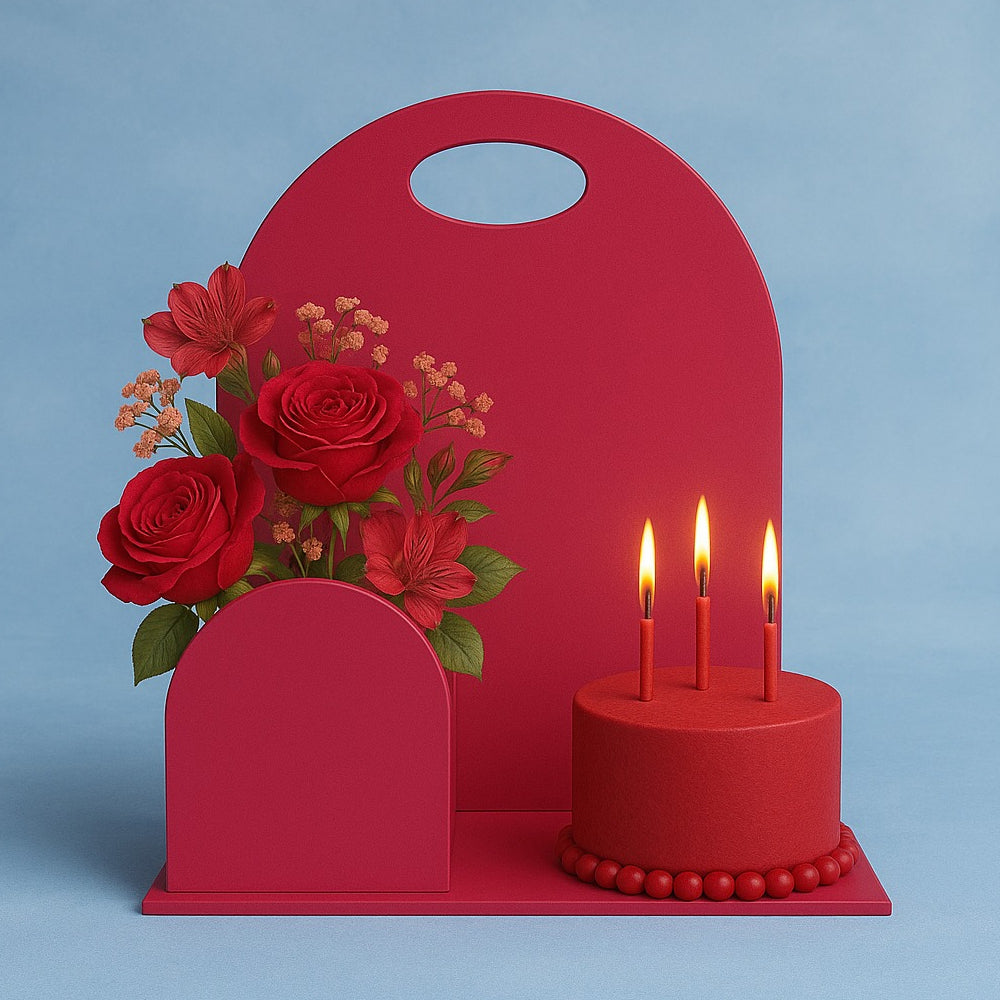 Zoomed-in view of Foldable Hamper Cake Stand holding cake and flowers in display setup
