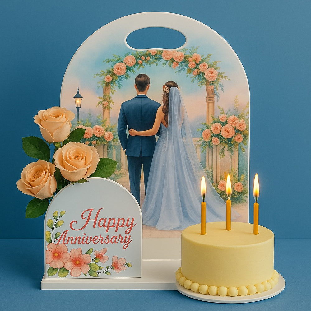 Zoomed-in view of Foldable Hamper Cake Stand holding cake and flowers in display setup