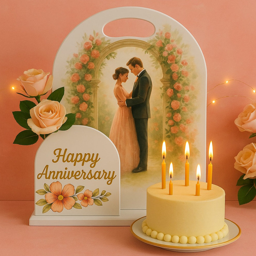 Zoomed-in view of Foldable Hamper Cake Stand holding cake and flowers in display setup