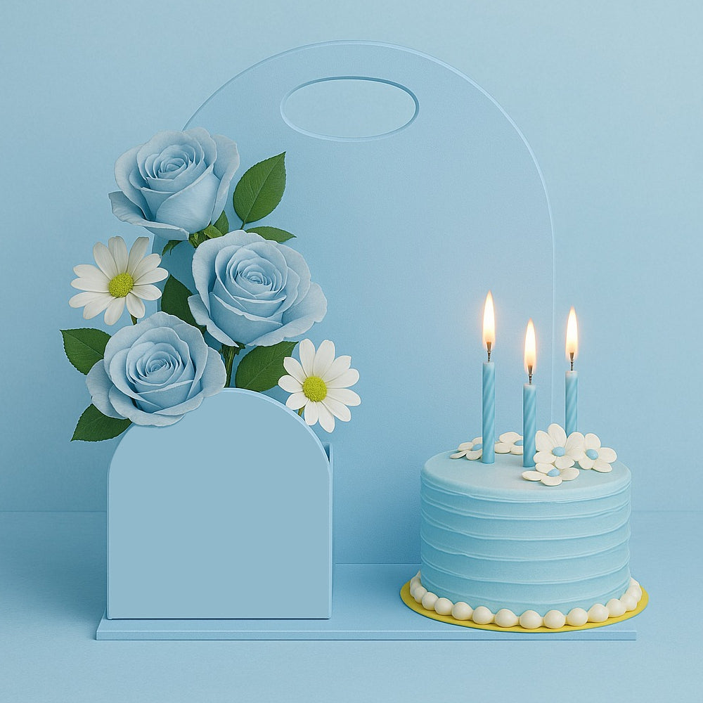 Zoomed-in view of Foldable Hamper Cake Stand holding cake and flowers in display setup