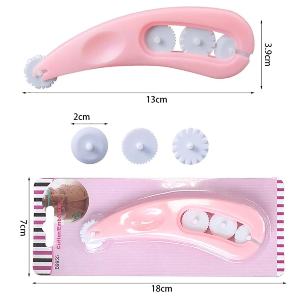 5-wheel fondant and dough cutter tool shown with measurements – 13 cm cutter with 2 cm diameter wheels and 18 cm full package size, perfect for decorating cakes, cupcakes, cookies, and pastries with precise edges and detailed embossing for birthday, wedding, and themed cakes