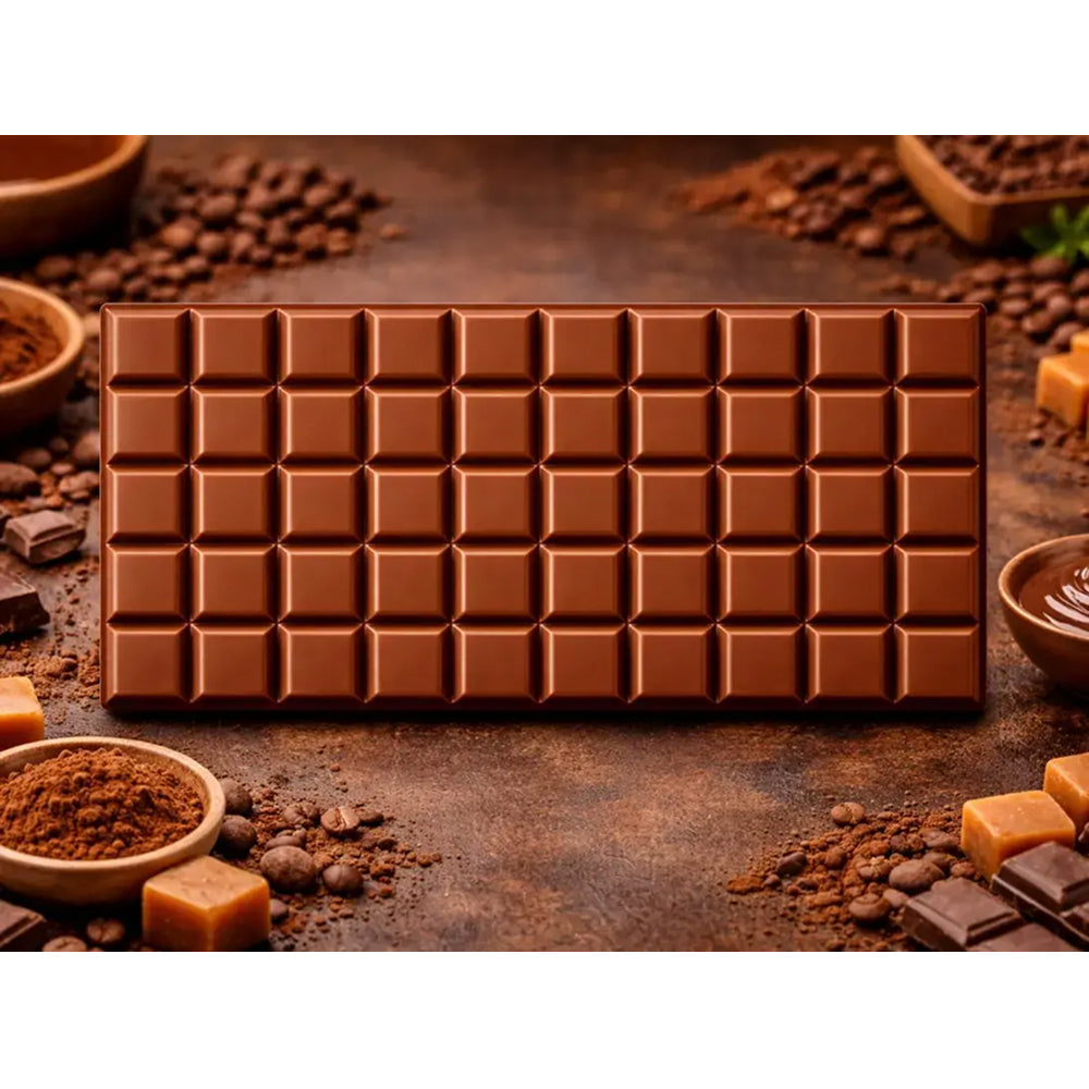 Chocolate bar with coffee beans and chocolate pieces on a rustic background