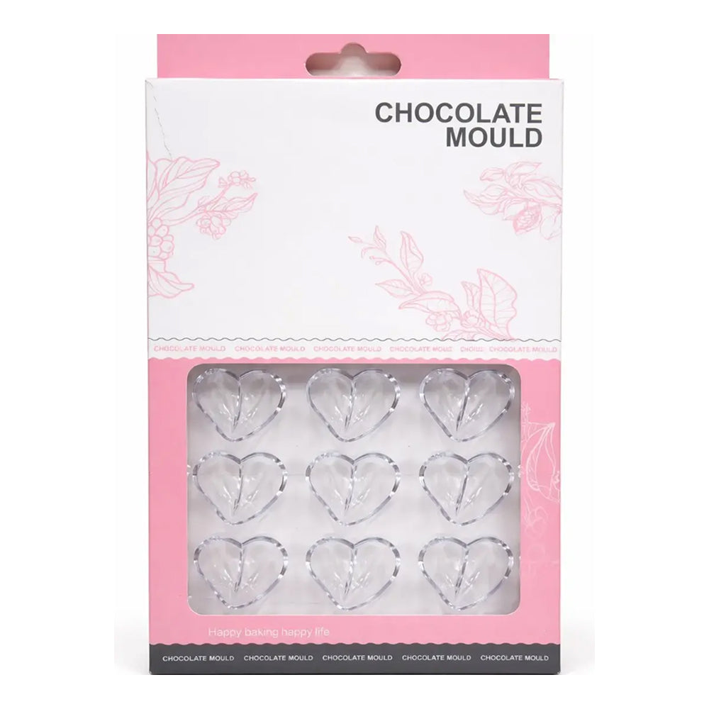 polycarbonate Chocolate mould packaging with clear heart-shaped molds on a pink and white background