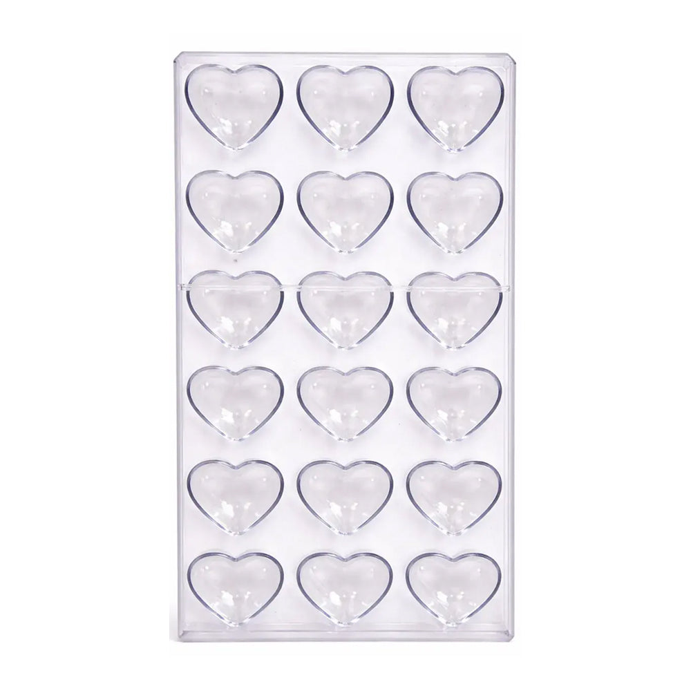 Clear polycarbonate heart-shaped ice cube tray on a white background