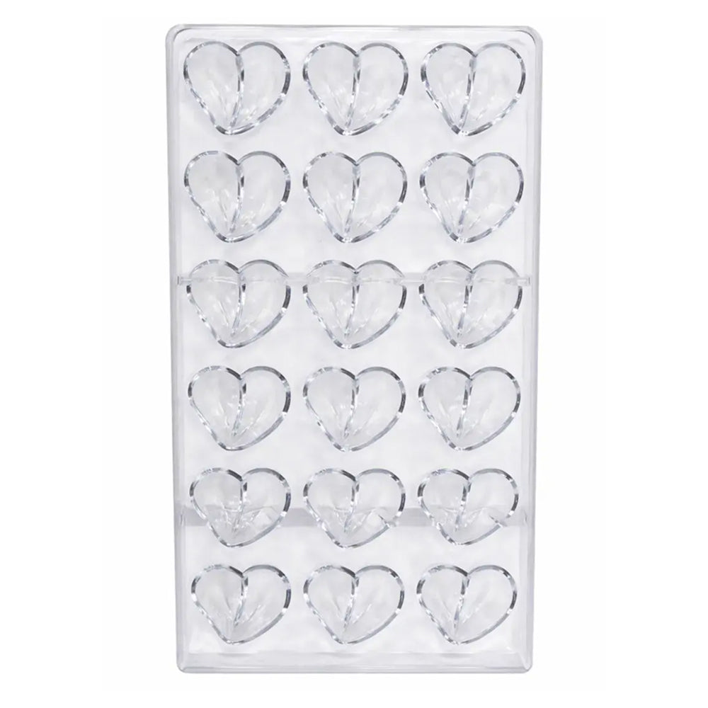 Clear polycarbonate mold with heart shapes on a white background