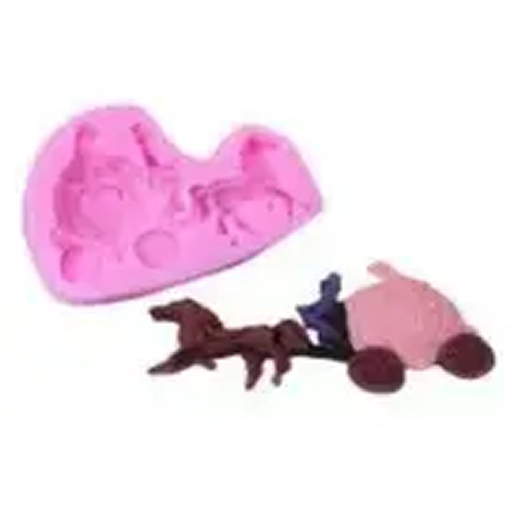 Silicone mold shaped like a with small animal figures on a white background