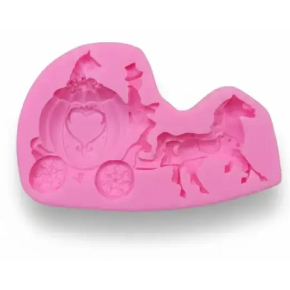 Pink silicone mold with horse and carriage design on a white background