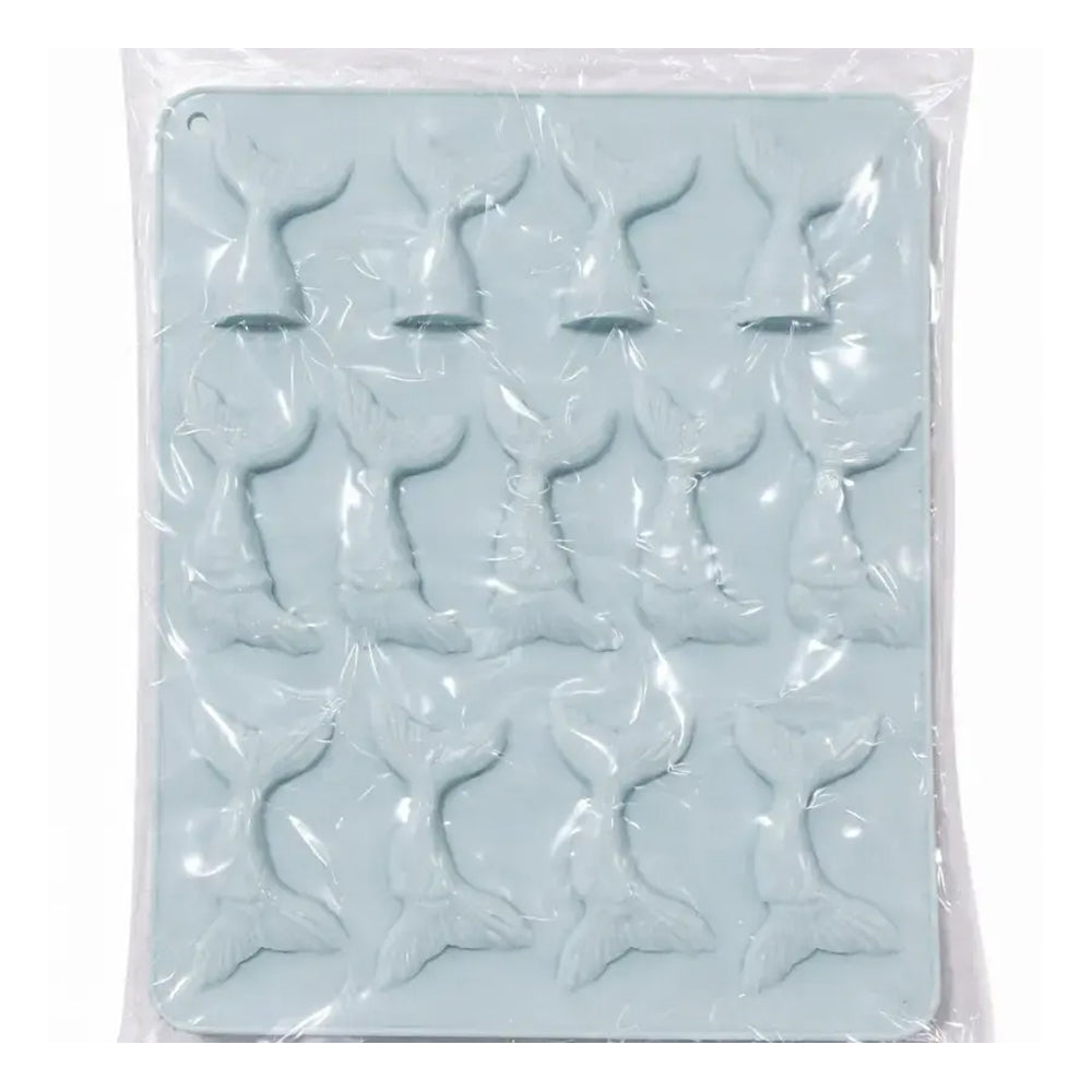 Packaged blue fish-shaped silicone molds on a white background