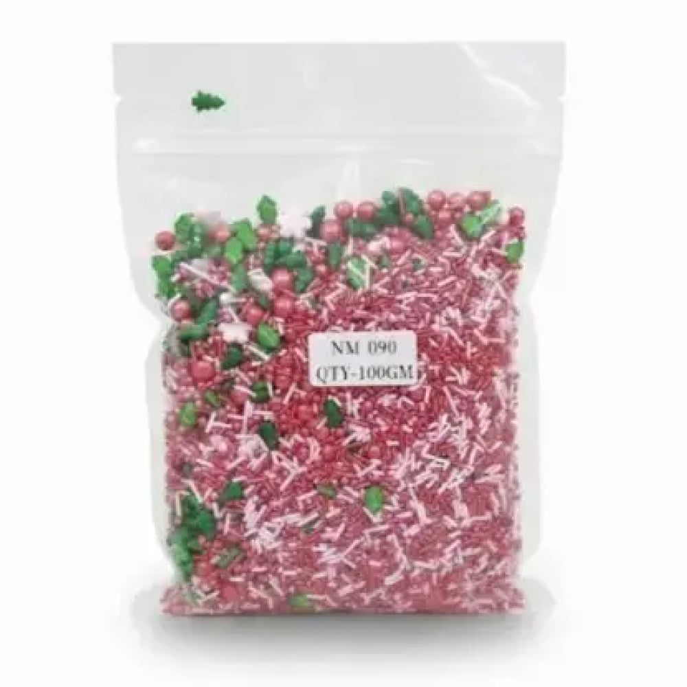 Bag of red, green, and white sprinkles with a visible label on a white background