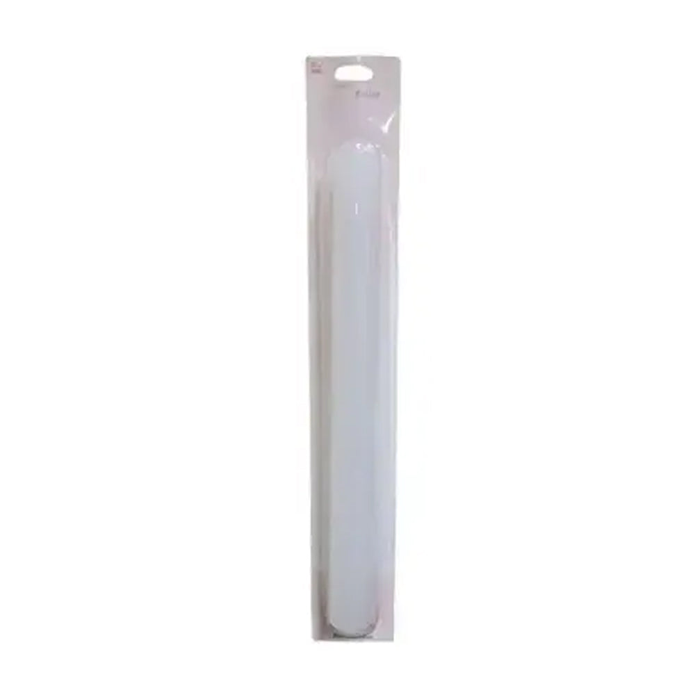 White cylindrical object in clear packaging on a white background