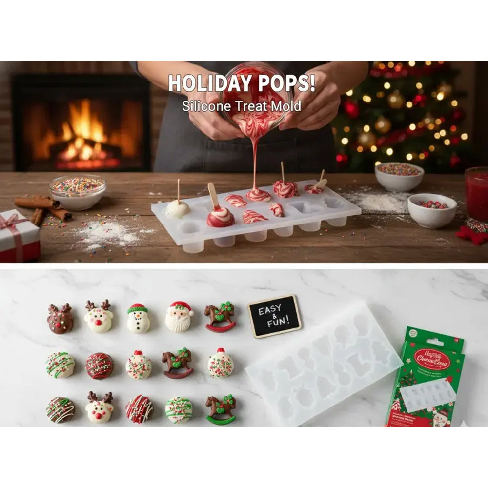 Silicone treat mold being used to create holiday-themed treats with a festive background.