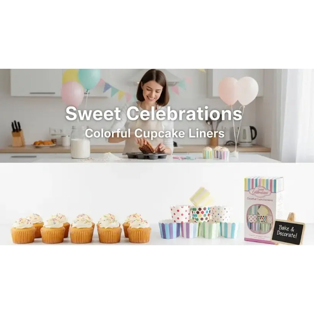 Woman in a kitchen with colorful cupcakes and cupcake liners, promoting 'Sweet Celebrations' colorful cupcake liners.