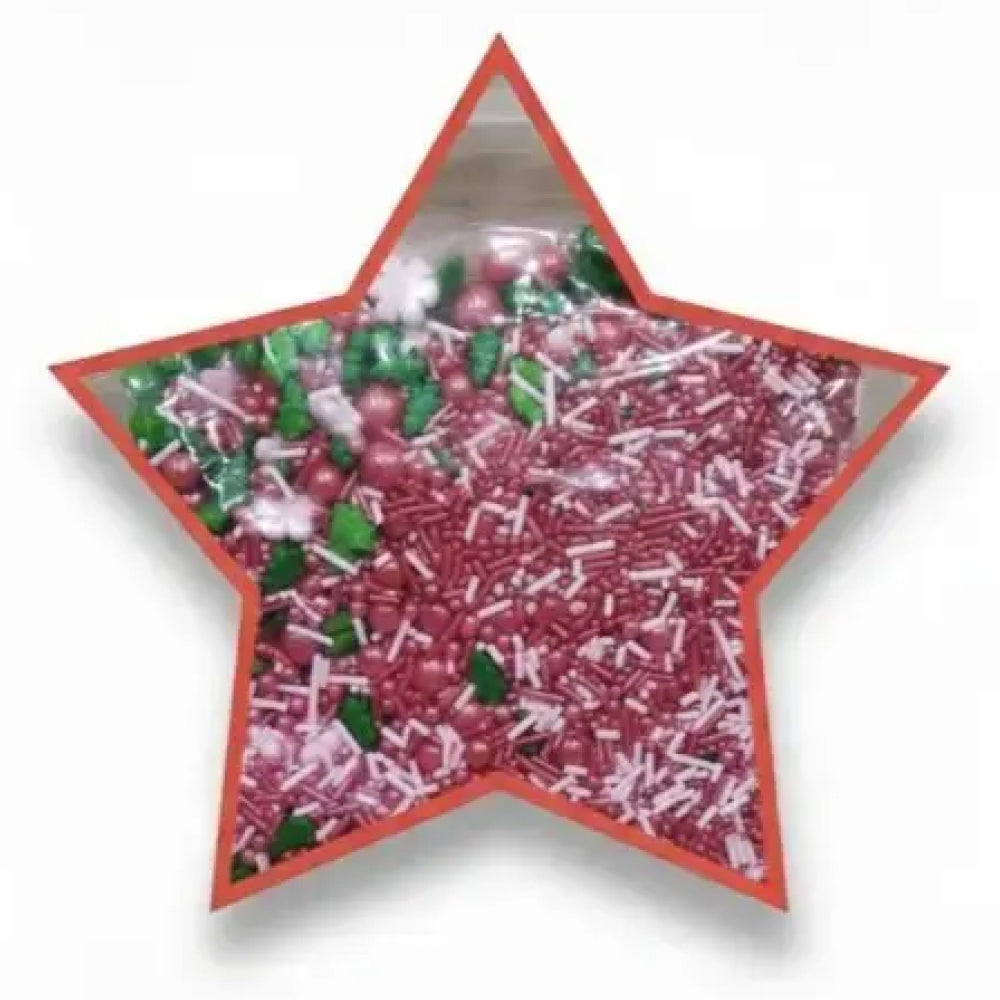 Star-shaped container filled with pink and white sprinkles on a white background