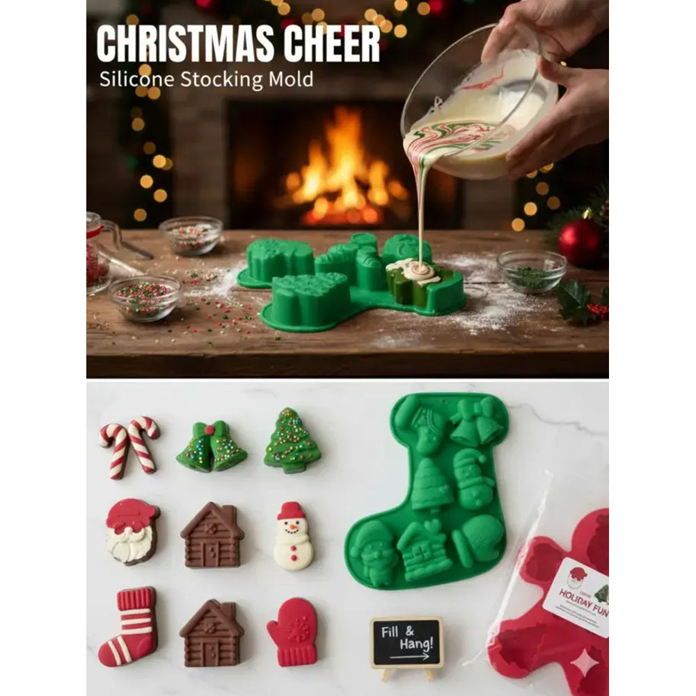Silicone stocking mold being used to create Christmas-themed treats with a festive background.