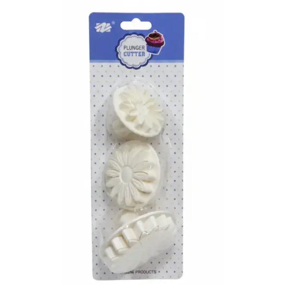 Set of three white plunger cutters in packaging with brand logo on a white background