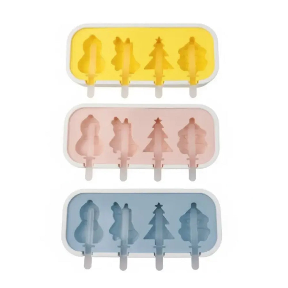 Set of three silicone molds with tree-shaped cavities on a white background