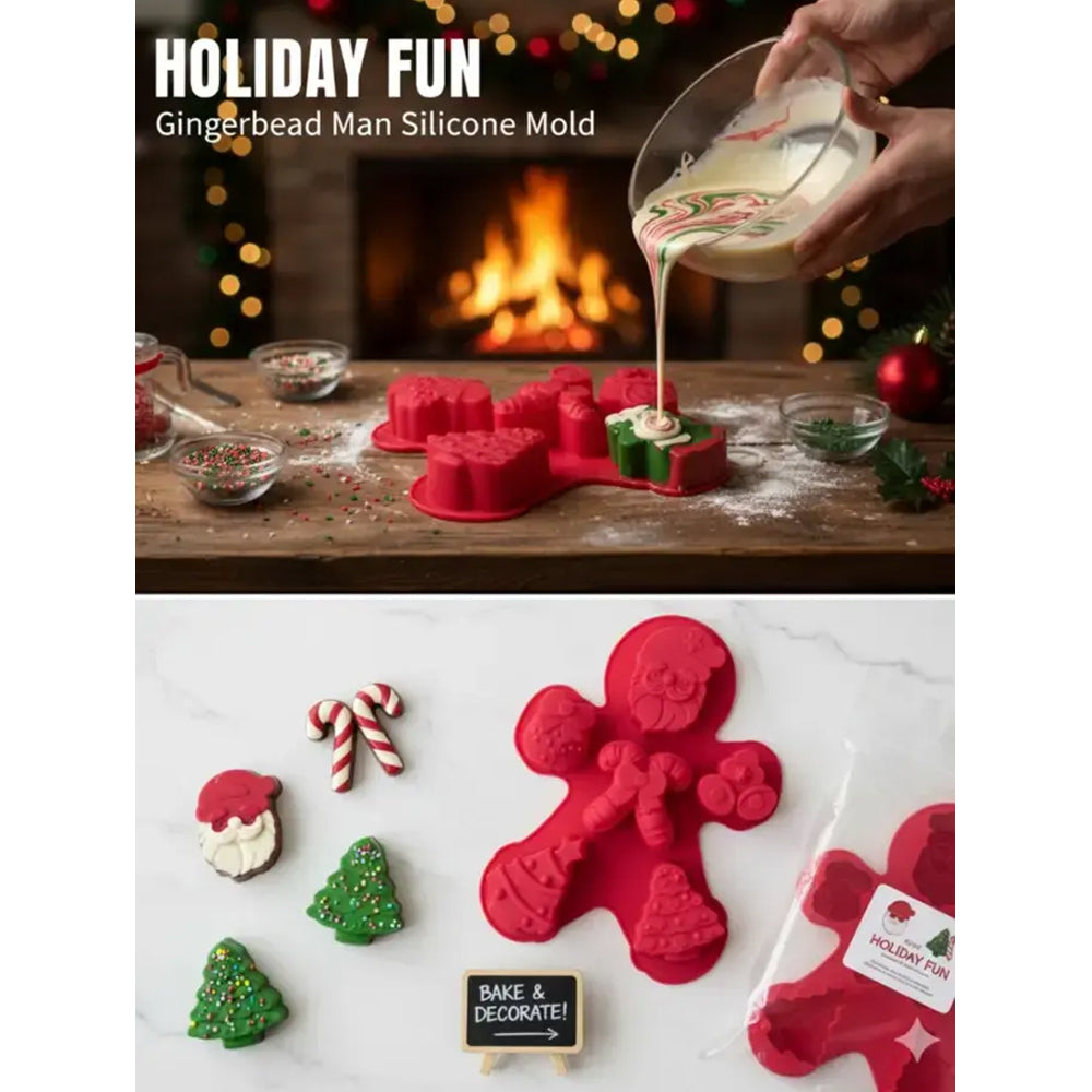 Gingerbread man silicone mold being used with a fireplace and Christmas decorations in the background.