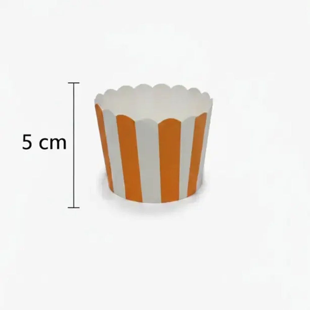 Orange and white striped paper cup with a measurement label on a white background