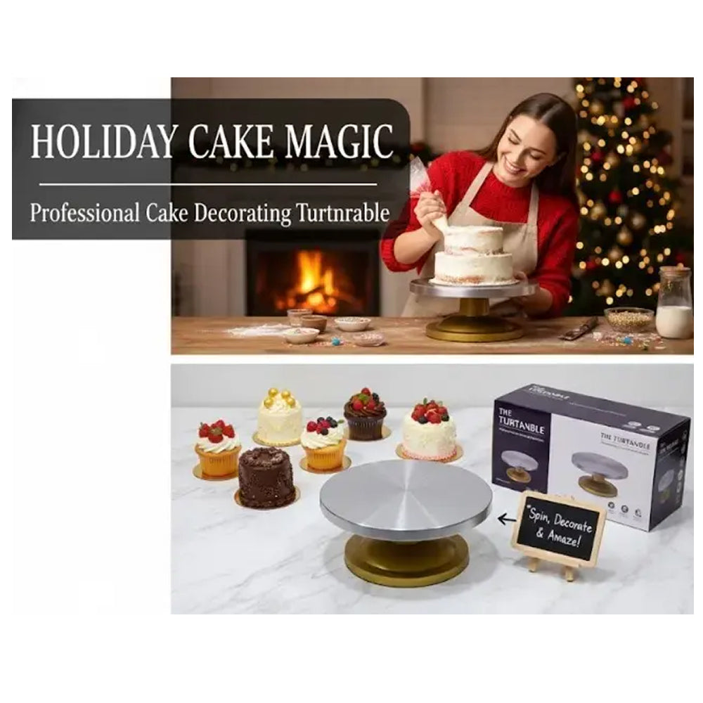 Woman decorating a cake with a turntable, surrounded by various cakes and a TumTum product display.