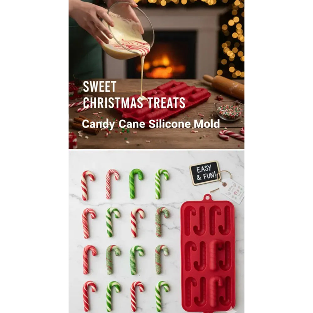 Candy cane silicone mold with Christmas-themed treats and festive background