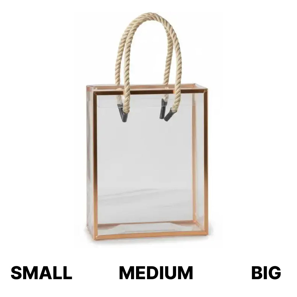 Clear shopping bag with wooden frame and rope handles, labeled 'Small', 'Medium', and 'Big'.