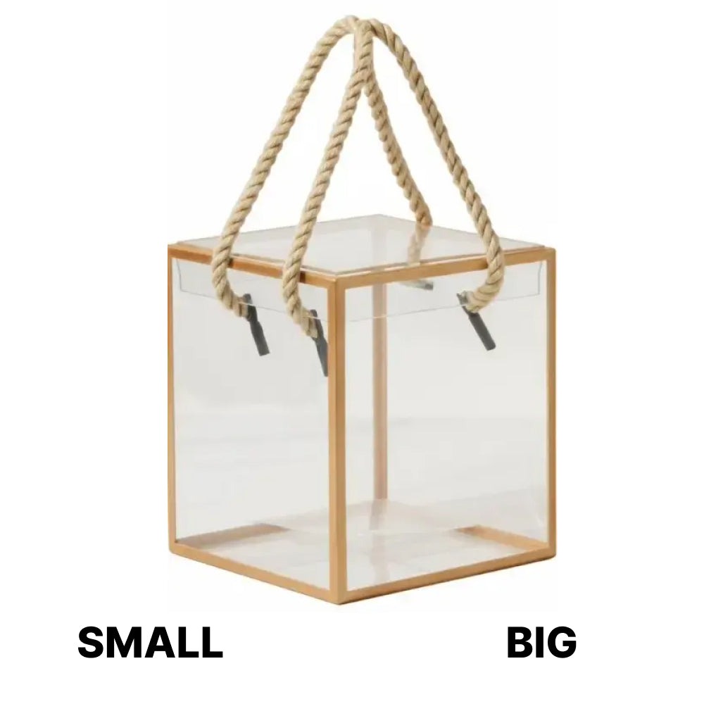 Clear rectangular hanging basket with wooden frame and rope handle, labeled 'Small' and 'Big'.