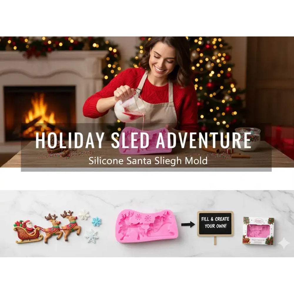 Woman in a red sweater and apron using a silicone Santa sleigh mold in a festive setting with Christmas tree and fireplace.