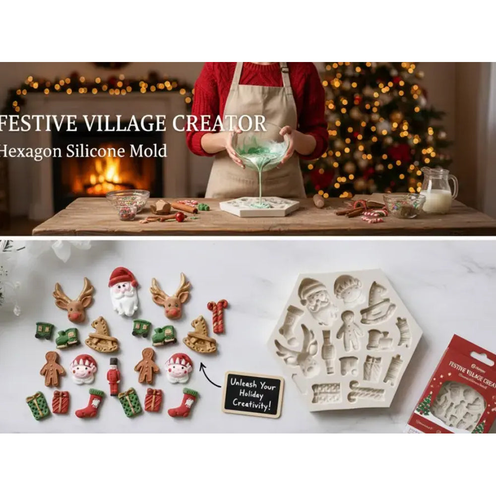 Hexagon silicone mold for festive village creations with Christmas-themed decorations and a fireplace in the background.