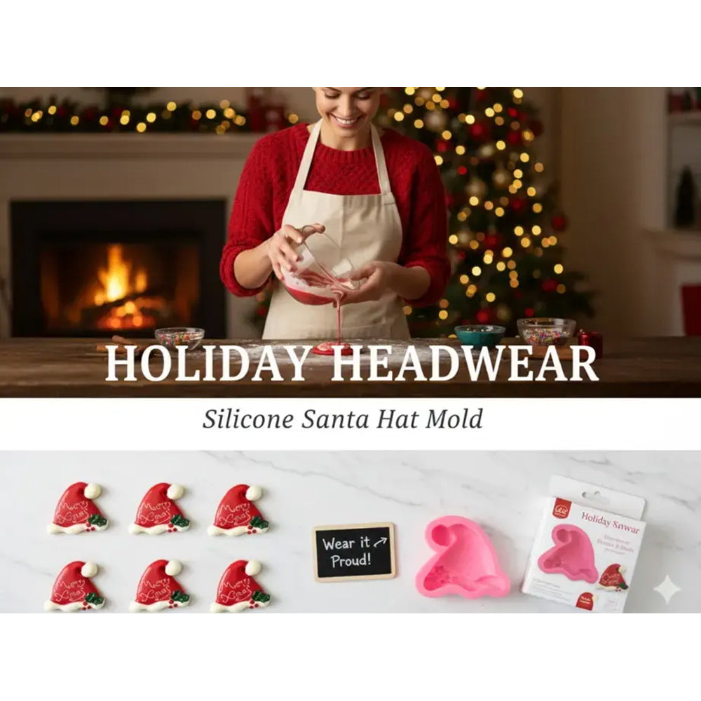 Person making a silicone Santa hat mold with Christmas decorations and a fireplace in the background.