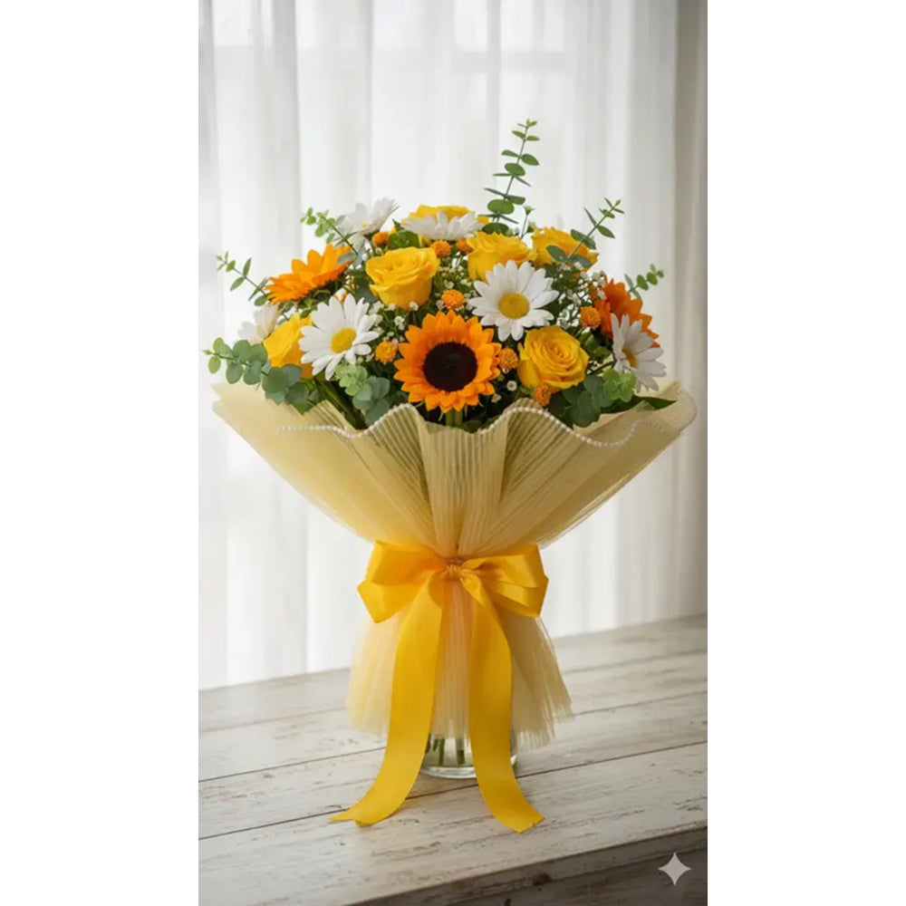Bouquet of flowers with yellow ribbon on a wooden surface