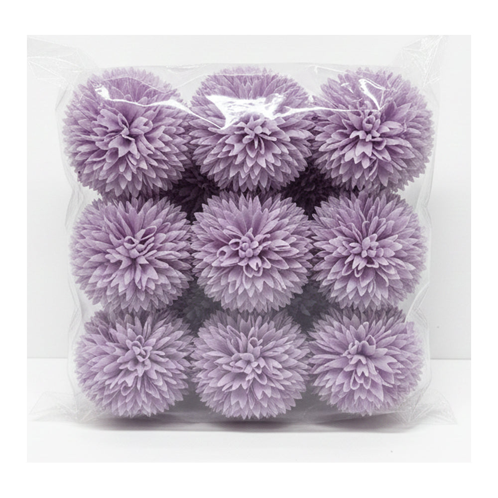 Pack of purple flowers in a clear plastic bag on a white background