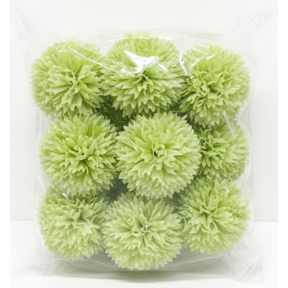 Pack of light green decorative pom-poms in clear plastic packaging on a white background