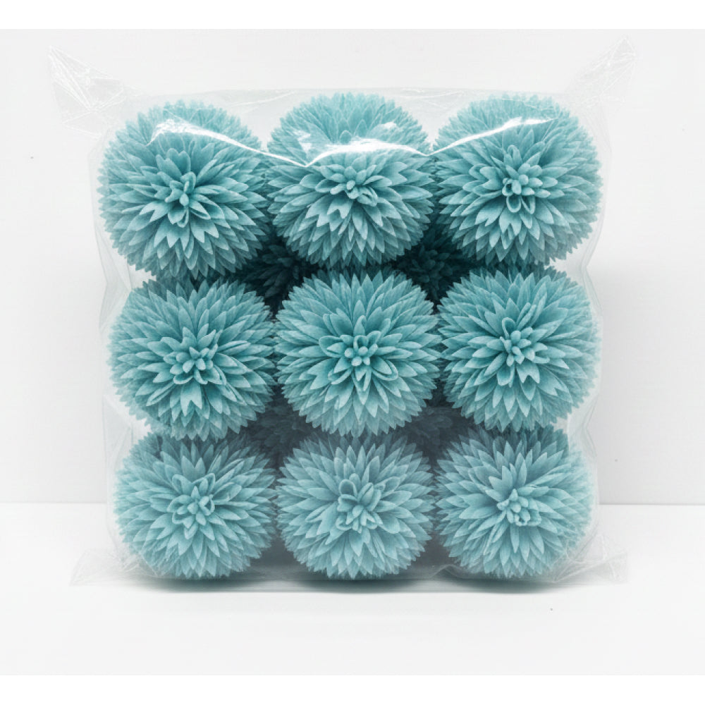Pack of light blue pom-poms in clear packaging on a white background