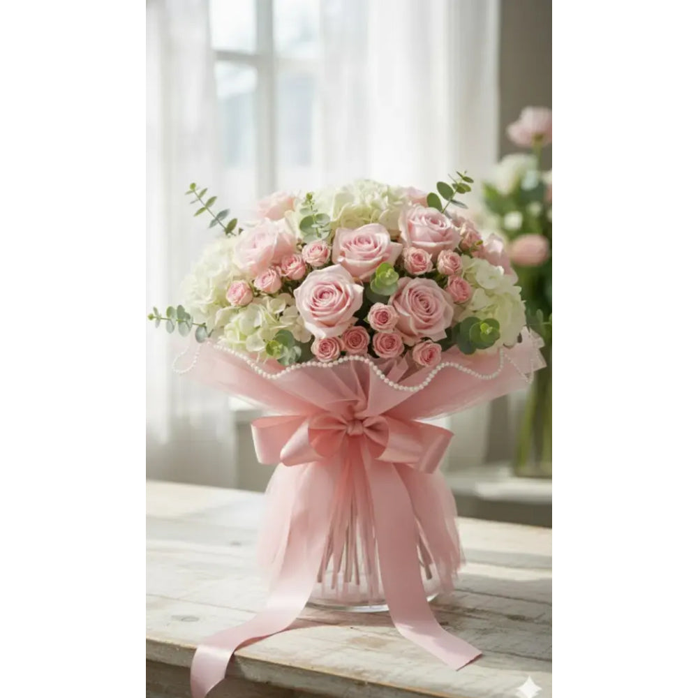 Bouquet of pink roses with a pink bow on a wooden table.