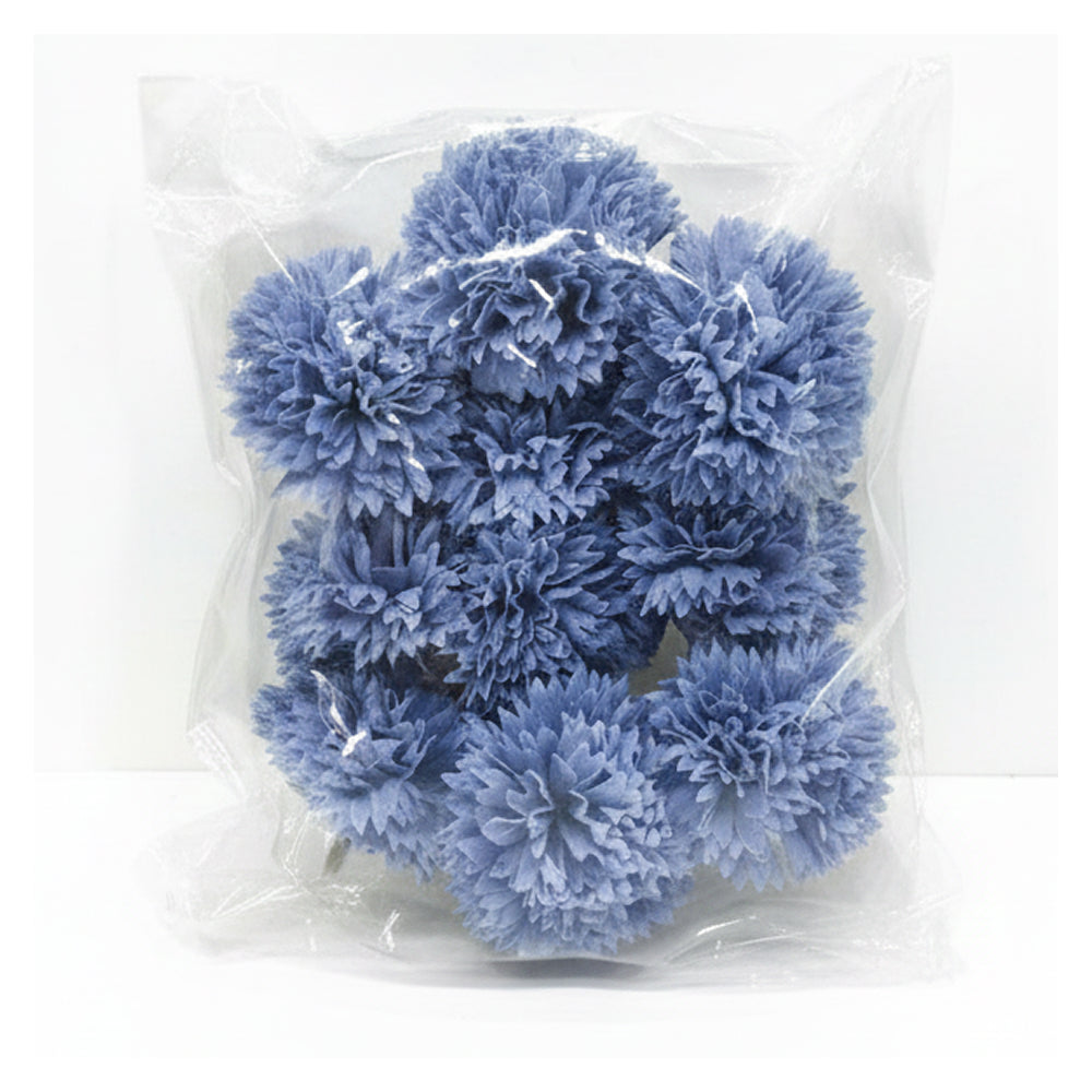 Packaged blue pom-poms on a white background
