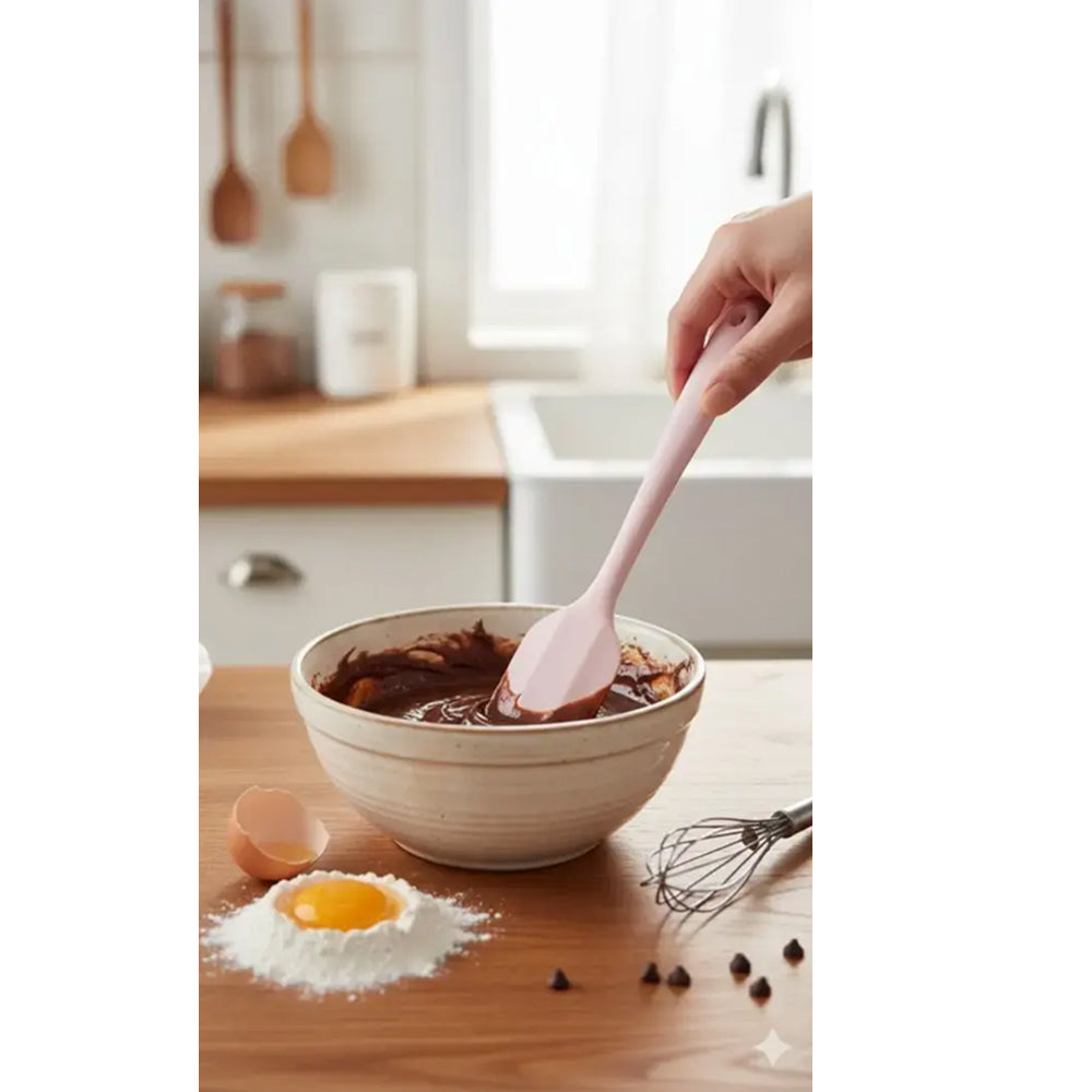 Person using a pink spoon to mix ingredients in a bowl on a kitchen counter.