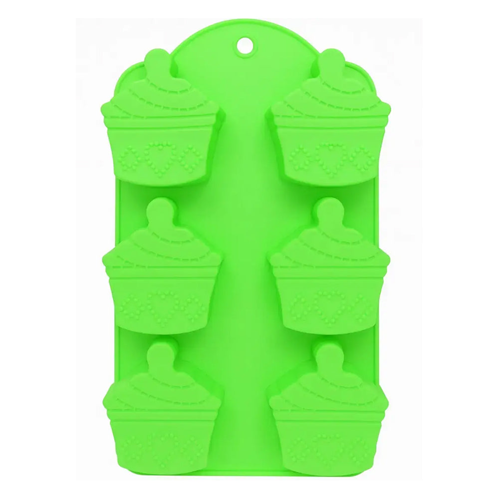 Green silicone mold with cupcake shapes on a white background