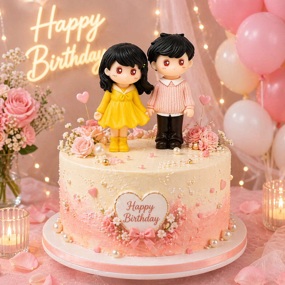 Decorative birthday cake with figurines, flowers, and 'Happy Birthday' text in a celebratory setting.