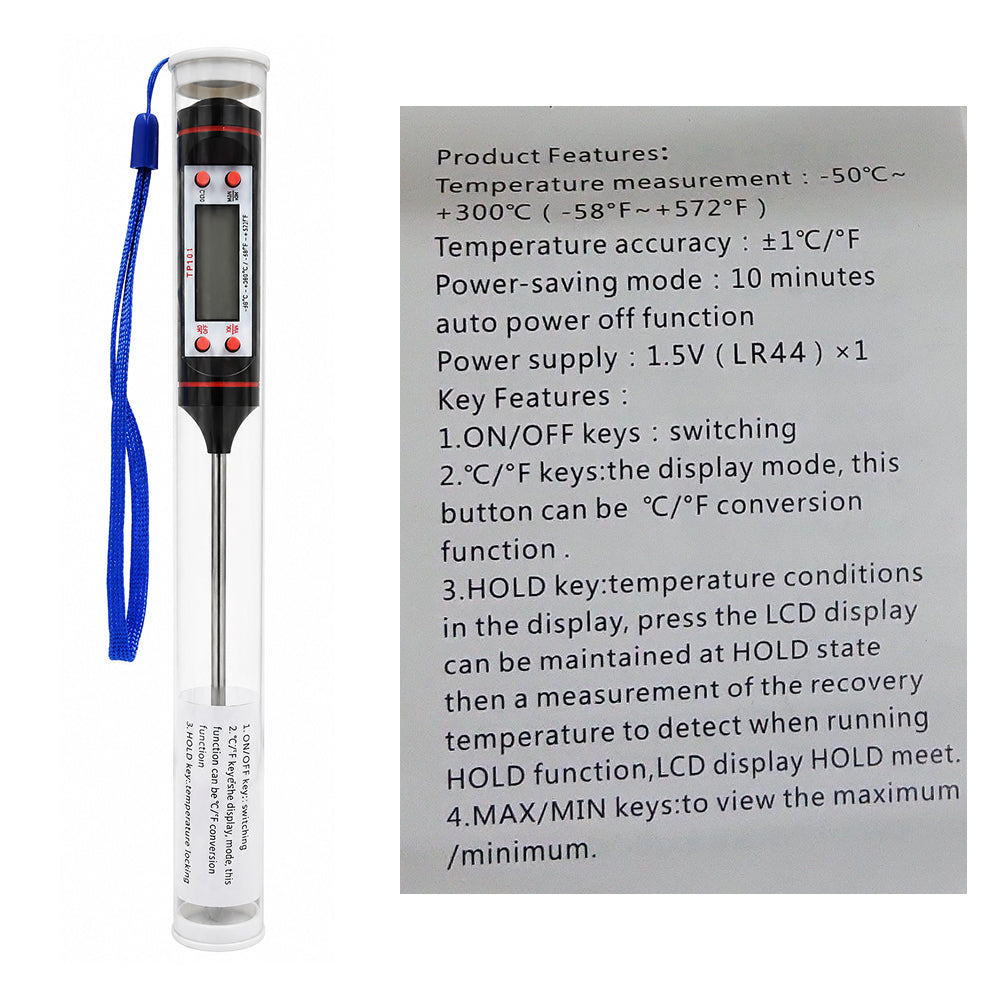 Digital thermometer with product features and key features displayed on a gray background