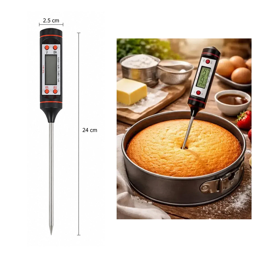 Digital thermometer being used to check the temperature of a cake, with measurements shown.