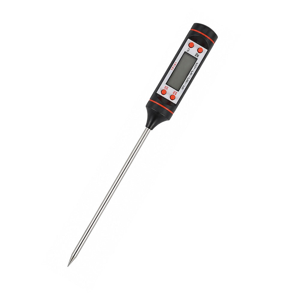 Digital thermometer with a long probe on a white background