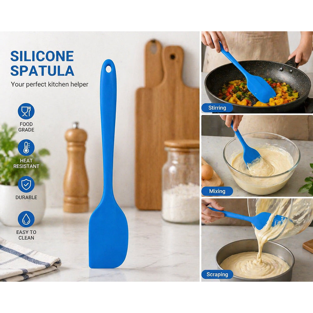 Blue silicone spatula with kitchen usage examples and feature icons on a white background