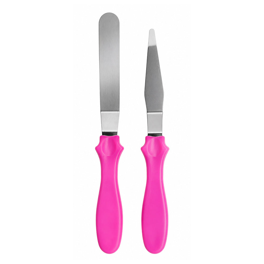 Two knives with pink handles on a white background