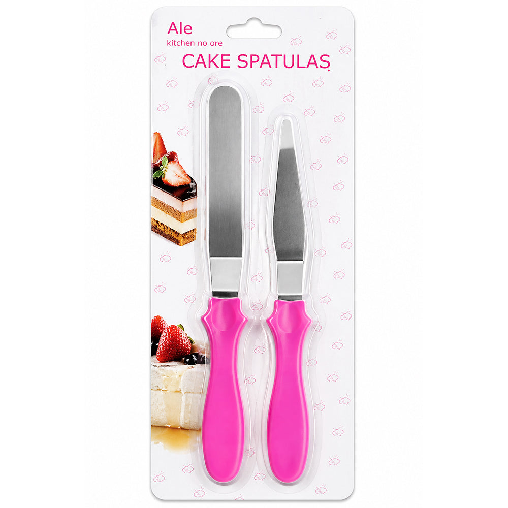 Two cake spatulas with pink handles in packaging featuring a cake illustration.